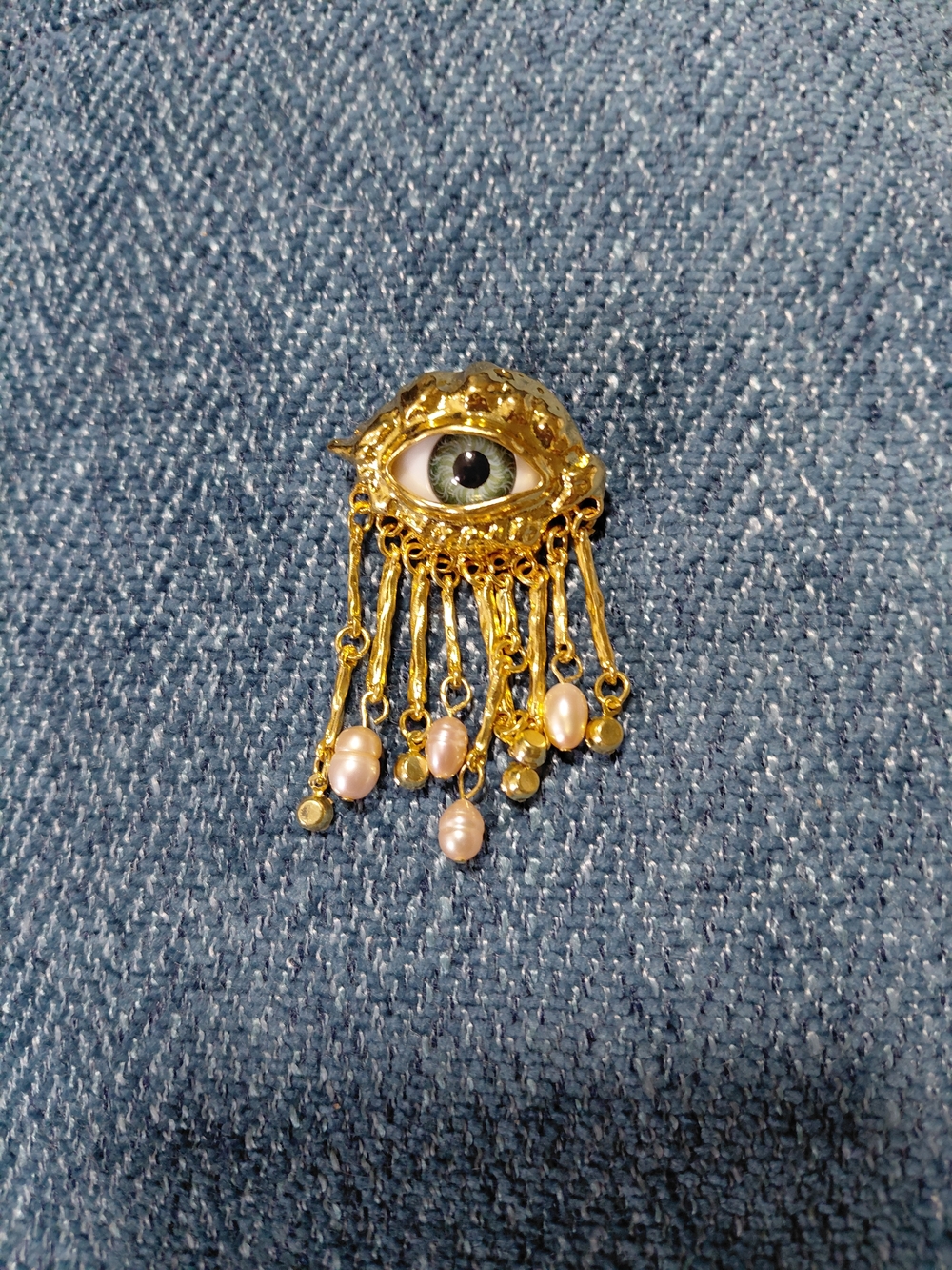 Gold Eye Dangle Brooch with Pink Pearl Accents